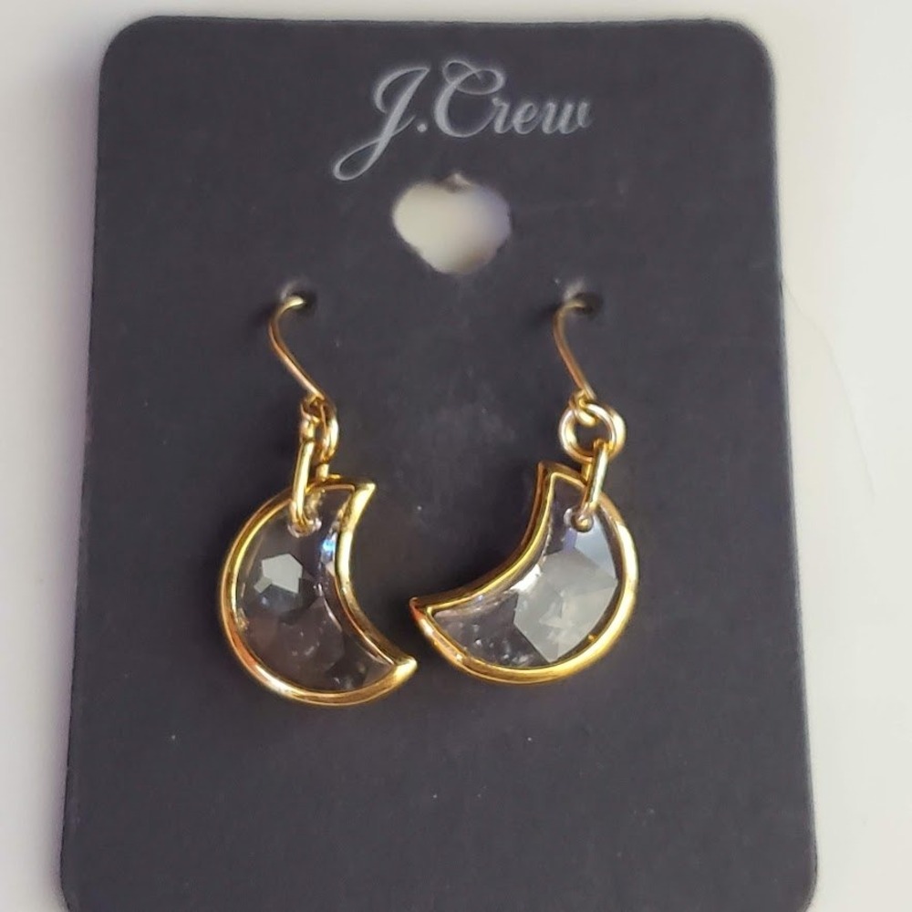 J.Crew Gold Tone Crystal Moon Drop Earrings Dangle Dainty Crescent Moon